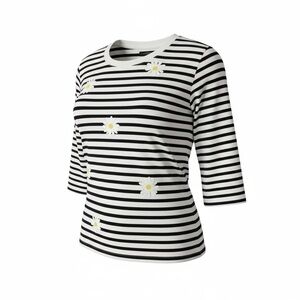 Talbots Black and White Striped Top with daisy appliqué in size XL